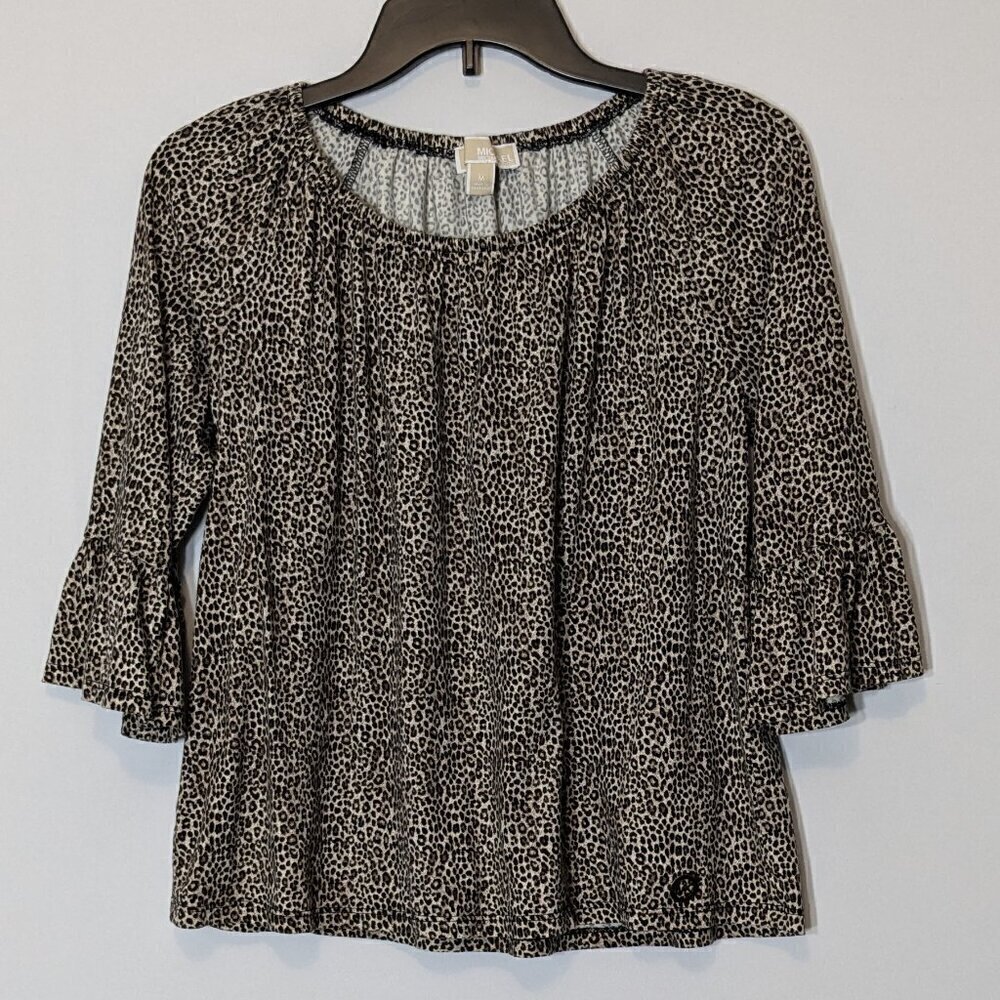 MICHAEL KORS Brown Animal Print, Knit Peasant Top; Size M